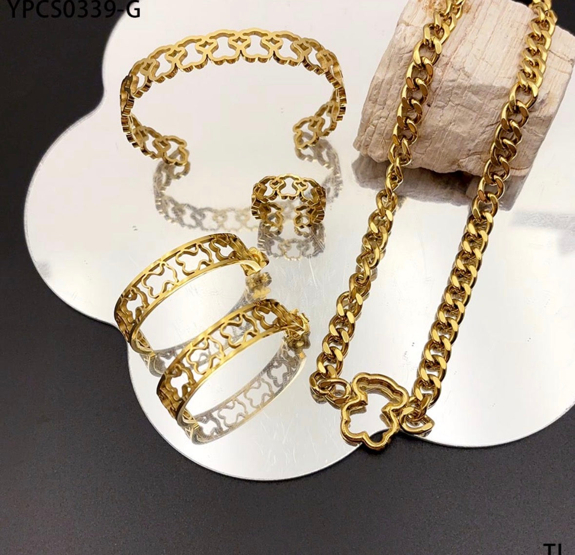 C1206 conjunto de collar pulsera aretes y anillo dorado acero inoxidable chapado en oro de 18k