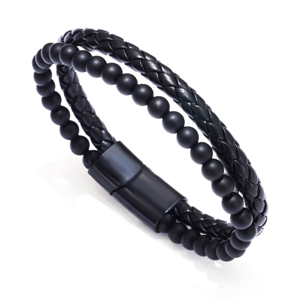 B312M Pulsera piedra mate negra cuero sintetico 19cm