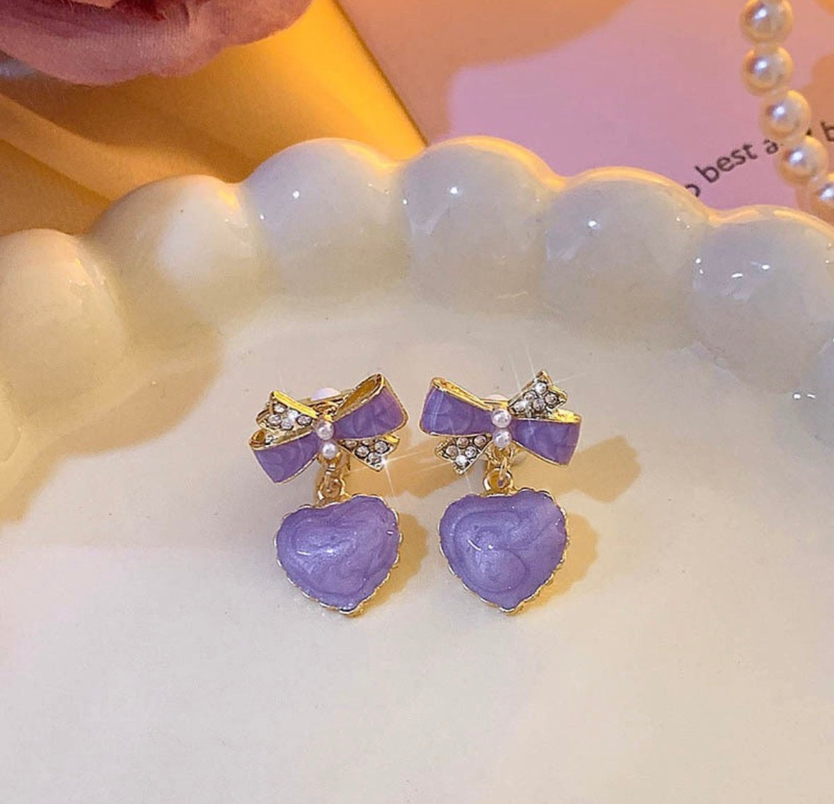E7037 Aretes moño corazon lila colgante aleacion 1,5cm