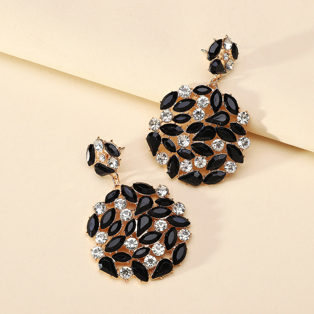 E5988 Arehes círculo diamante negro y plata 6cm aleacion