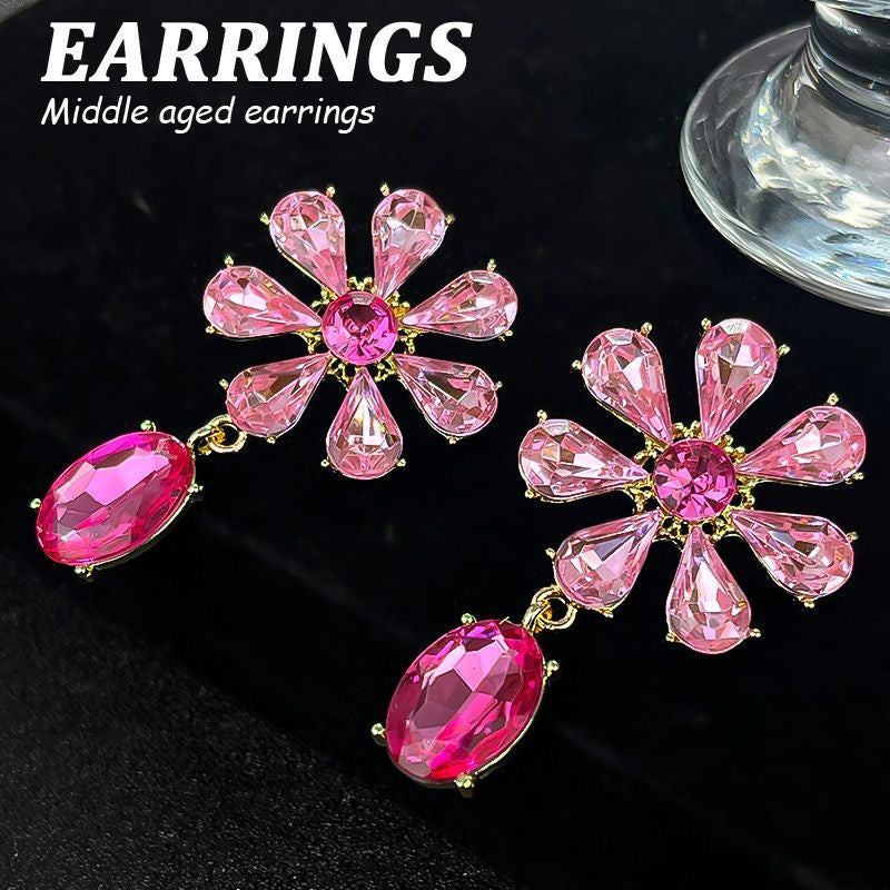 E3953 Aretes flor cristal rosa aleacion 5cm