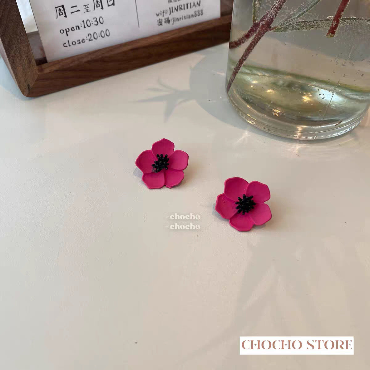 E5842 Aretes flores fucsia esmaltadas 2cm