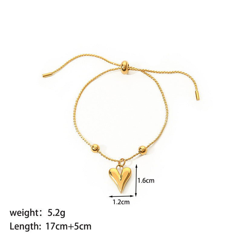 B377 Pulsera ajustable corazon acero inoxidable chapado en oro 18k 12cm dije 5cm