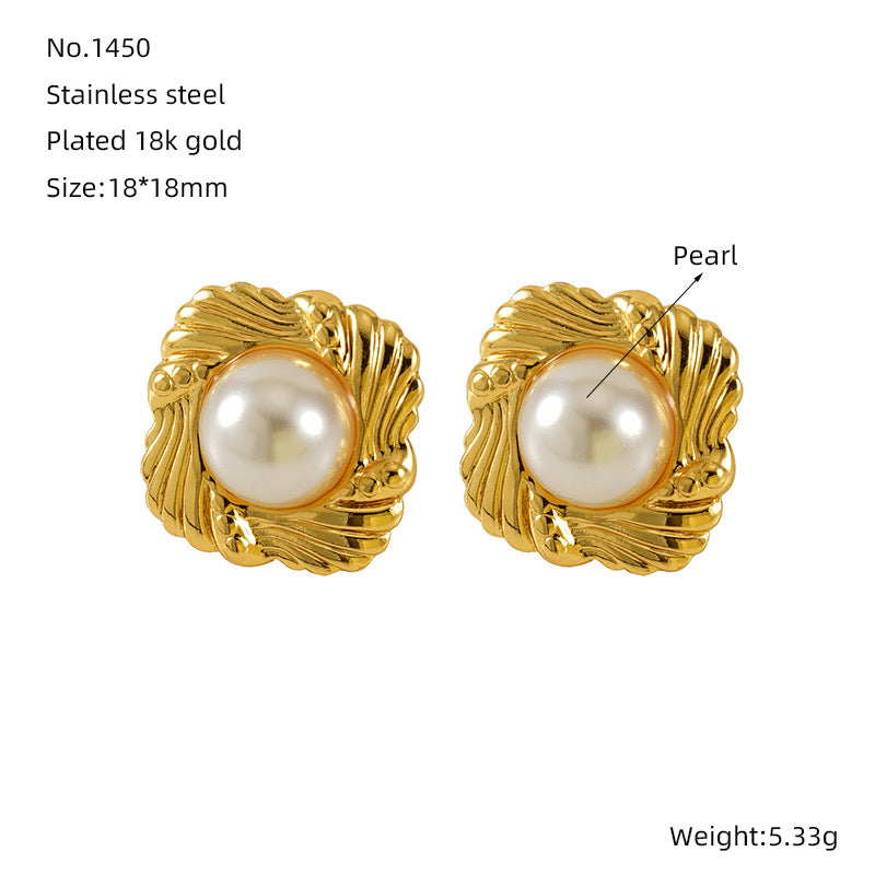 E2983 Aretes perla acero inoxidable chapado en oro 18k 2cm