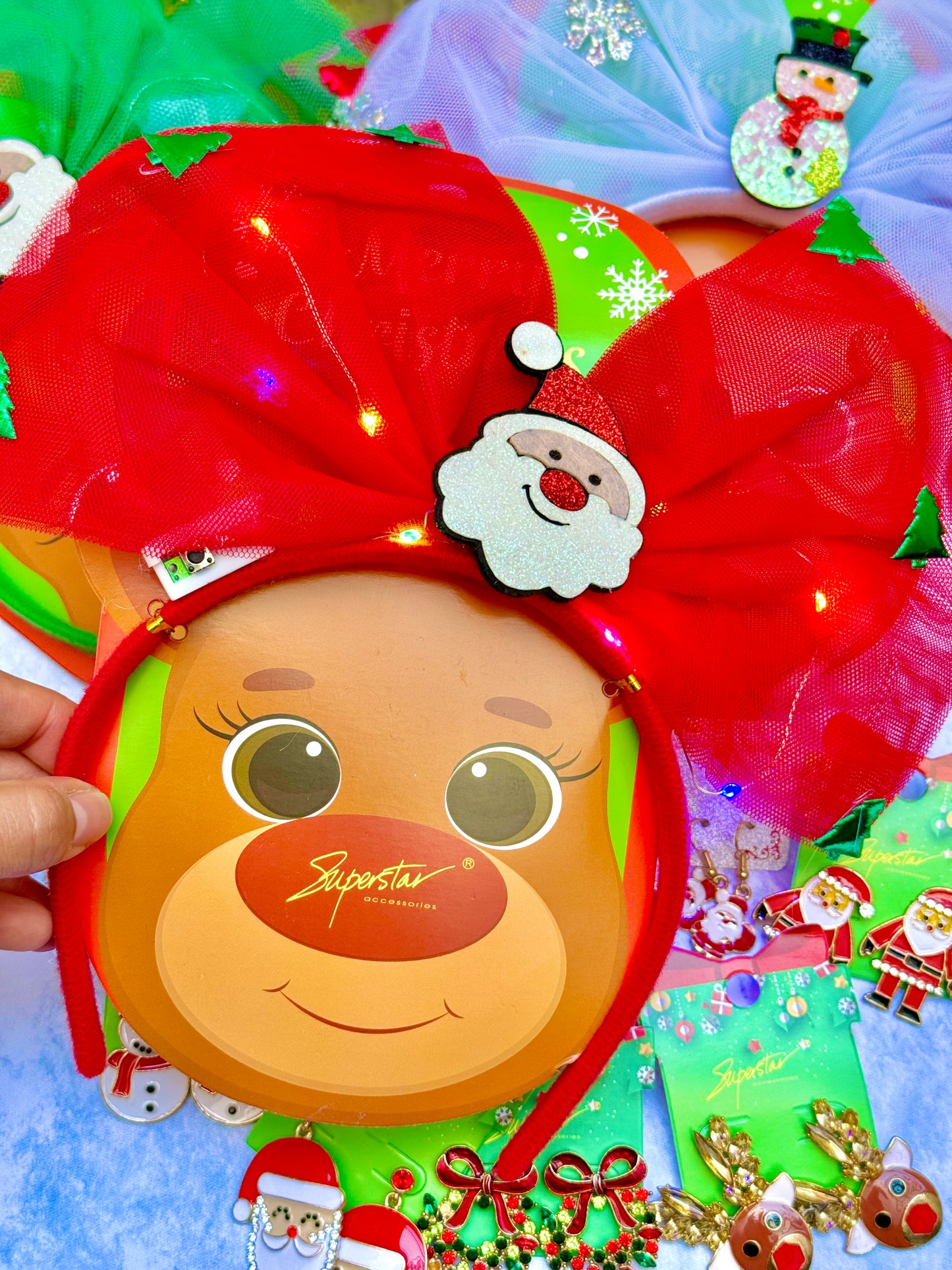 AC152SR Diadema moño grande navideño con luces santa claus