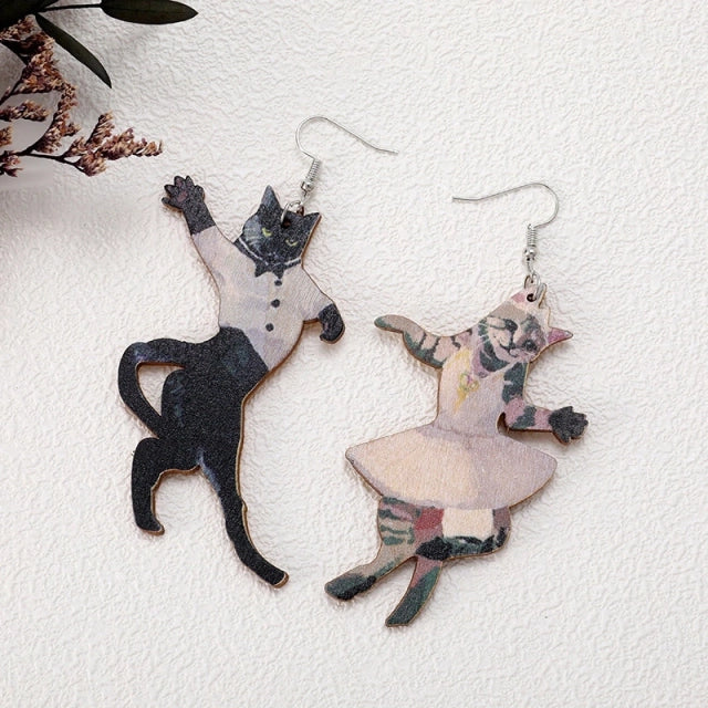 Aretes Gatos Bailando Madera E1392