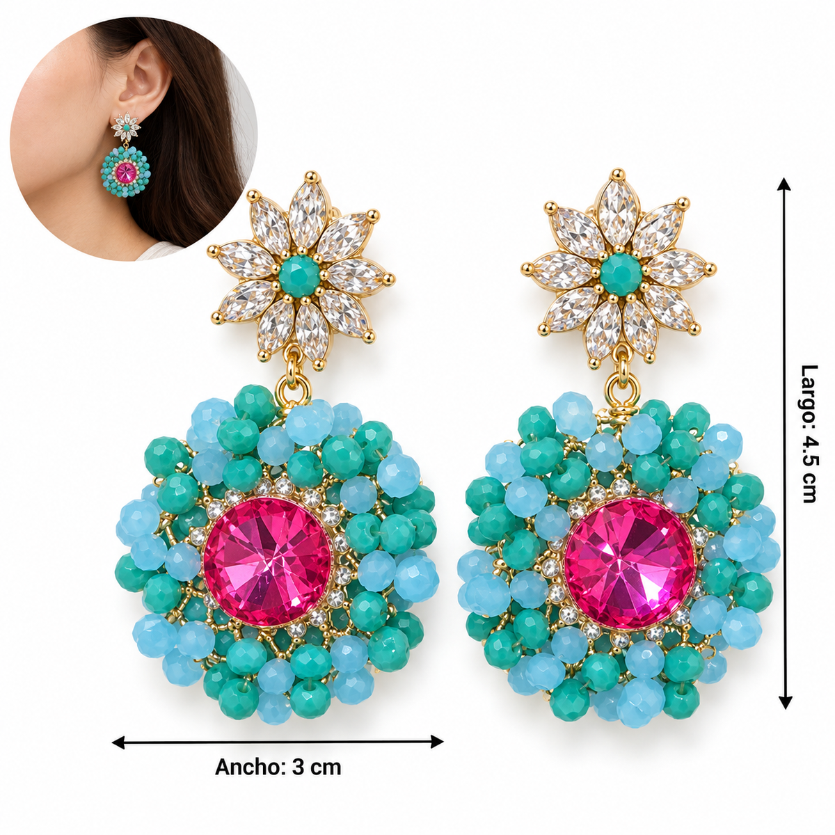 E7556 Aretes cristal cortado con circonia al centro diseño flor aleacion