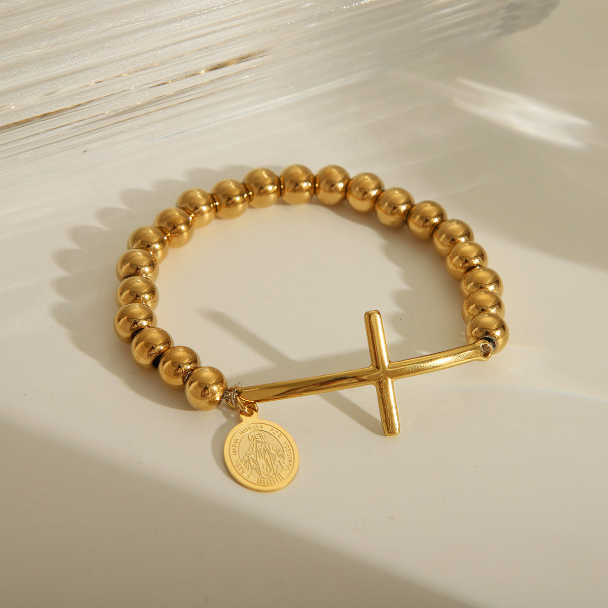 B250 Pulseras Cruz acero inoxidable chapado en oro 18k elastico