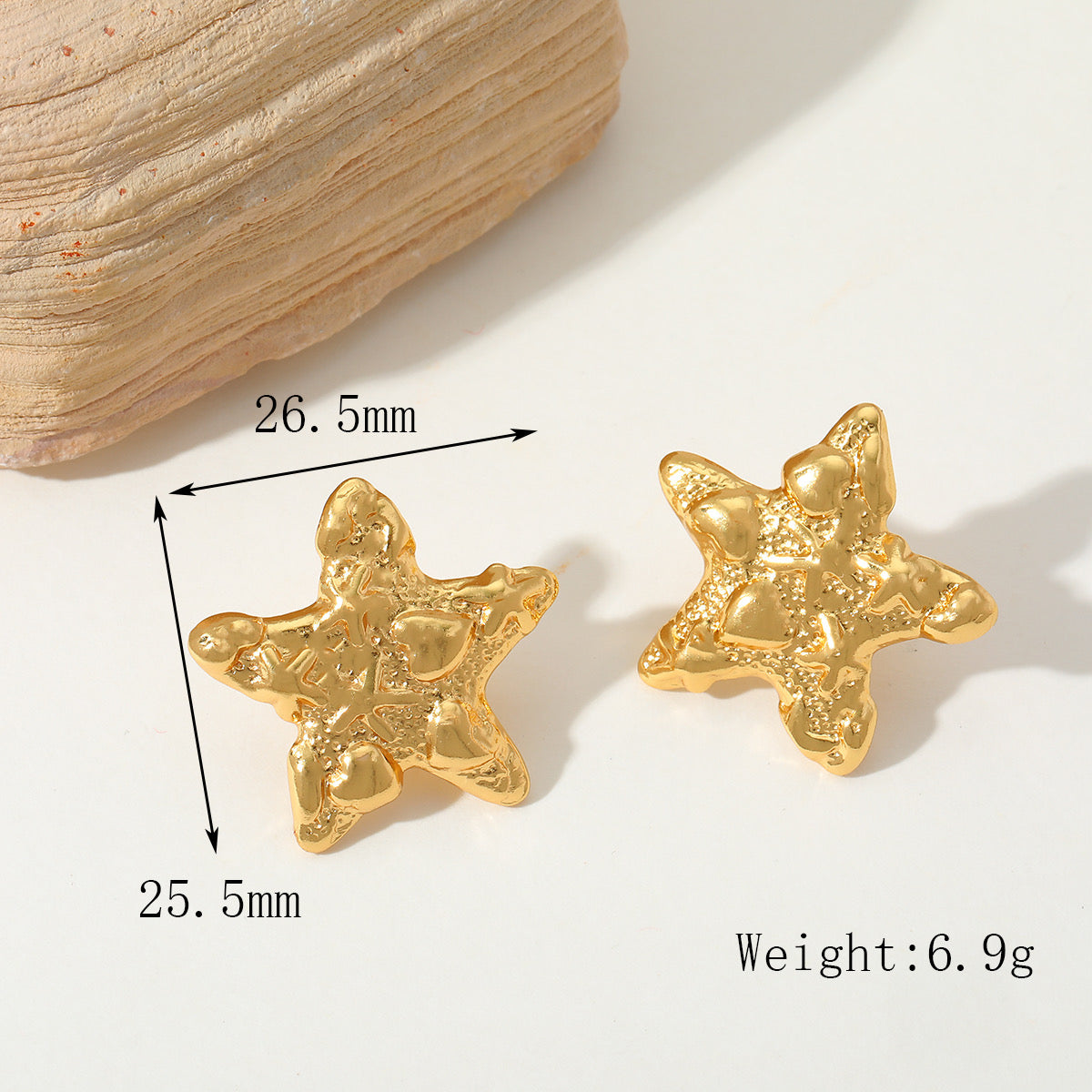 E3186 Aretes estrella dorada acero inoxidable chapado en oro 18k 2.5cm