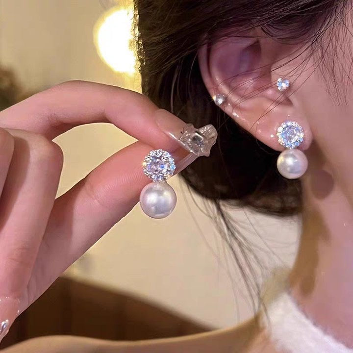 E5854 Aretes perla cristal brillante aleacion nudo en plate de 925 3cm