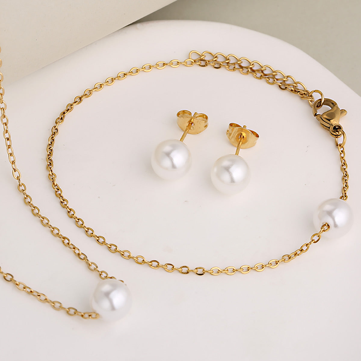 C950 Conjunto de aretes collar y pulsera perla dorado acero inoxidable 23cm largo pulsera 20cm largo