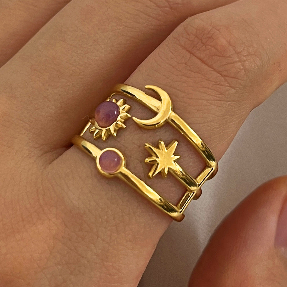 A232 Anillo luna sol estrella abierto acero inoxidable chapado en oro de 18k
