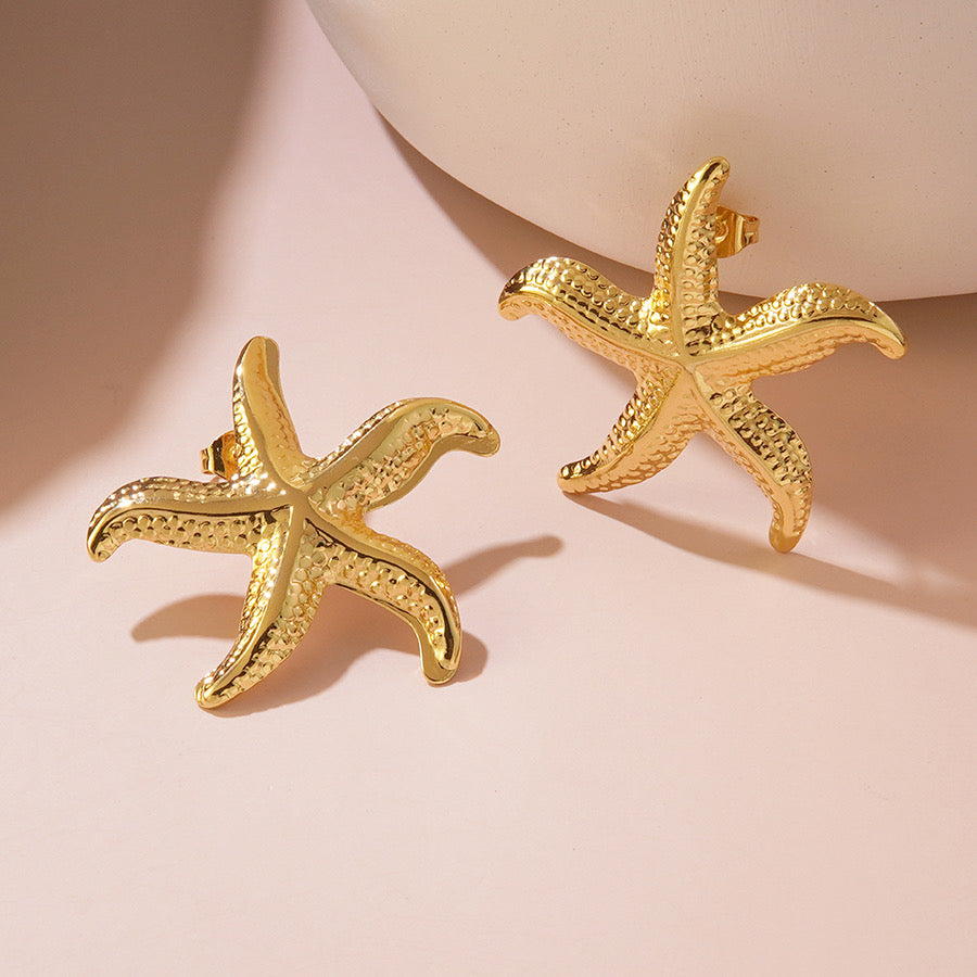 E4690 Aretes estrella de mar acero inoxidable chapado en oro de 18k 3.5cm