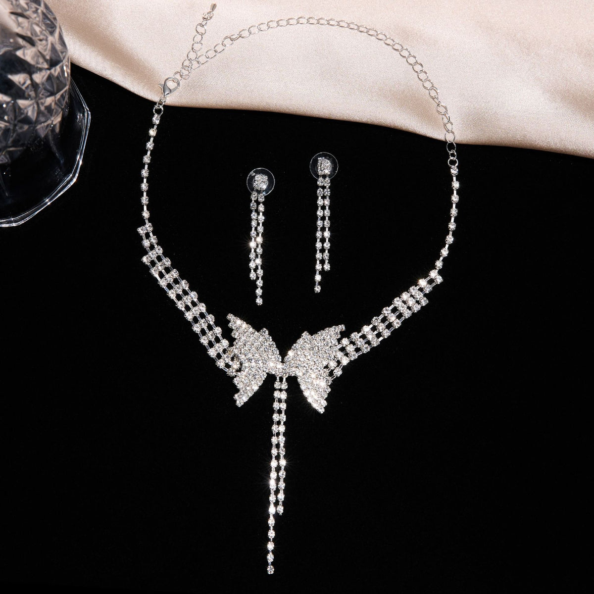 C1622 Conjunto juego de gargantilla aretes cristal brillante circonia cobre de fiesta 15cm aretes 4cm dije 8cm