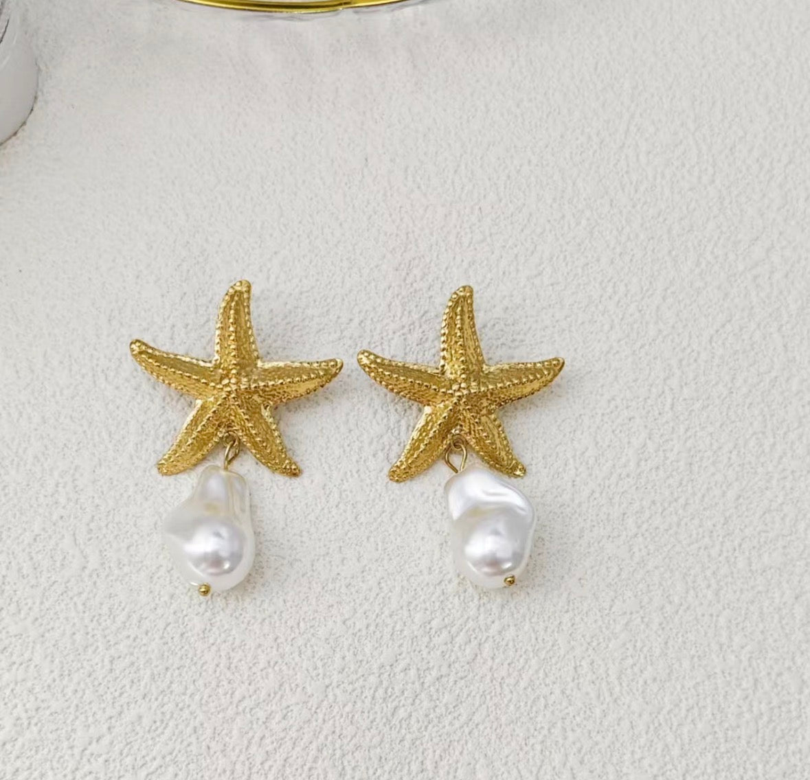 E5526 Aretes estrella de mar perla acero inoxidable 5cm