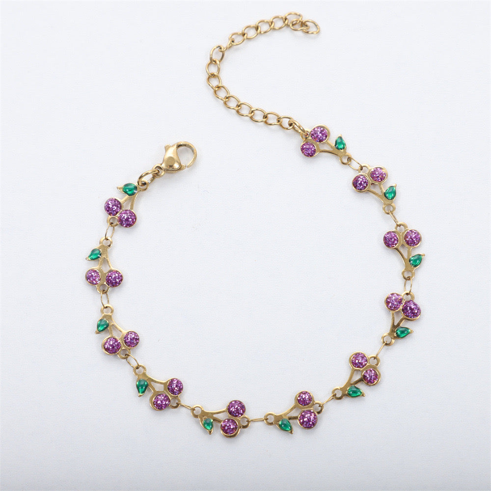 B194M pulsera cerezas morado resina acero inoxidable largo 20cm ajustable