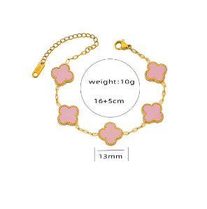 B302 Pulsera trebol rosa acero inoxidable chapado en oro 18k 21cm dije 1.3cm