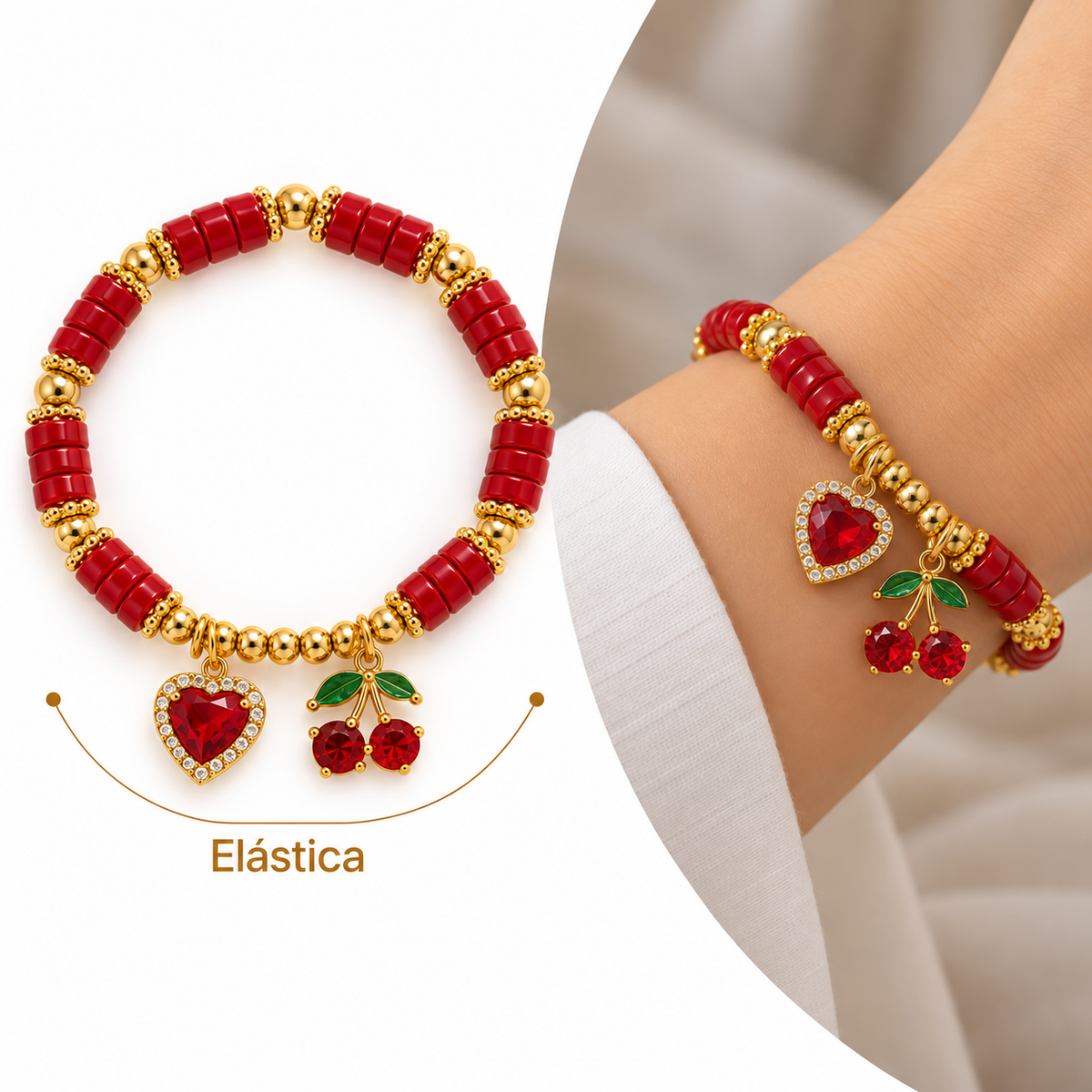 B551 Pulsera elastica de colgante corazon y cereza aleacion