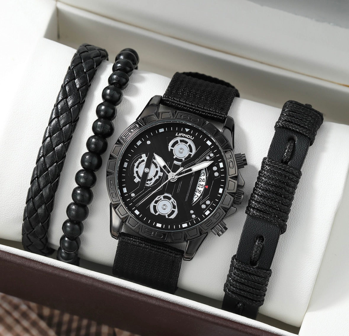 R192 reloj negro con pulseras cuero sintetico