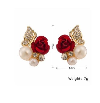 E7354 Aretes flor rojo alas perlas aleacion brillante 2cm