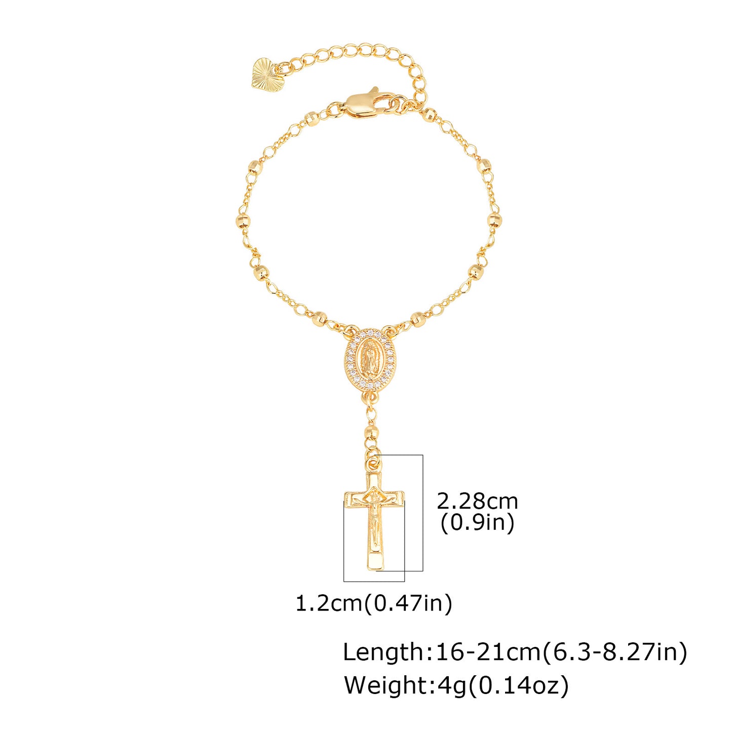 B406 Pulsera cruz dorada cobre chapado en oro de 18k 12cm