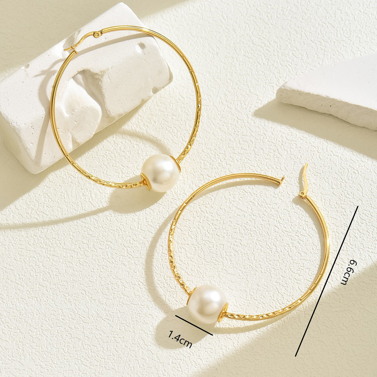 E3397 aretes aro perla acero inoxidable chapado en oro de 18k 6.5cm