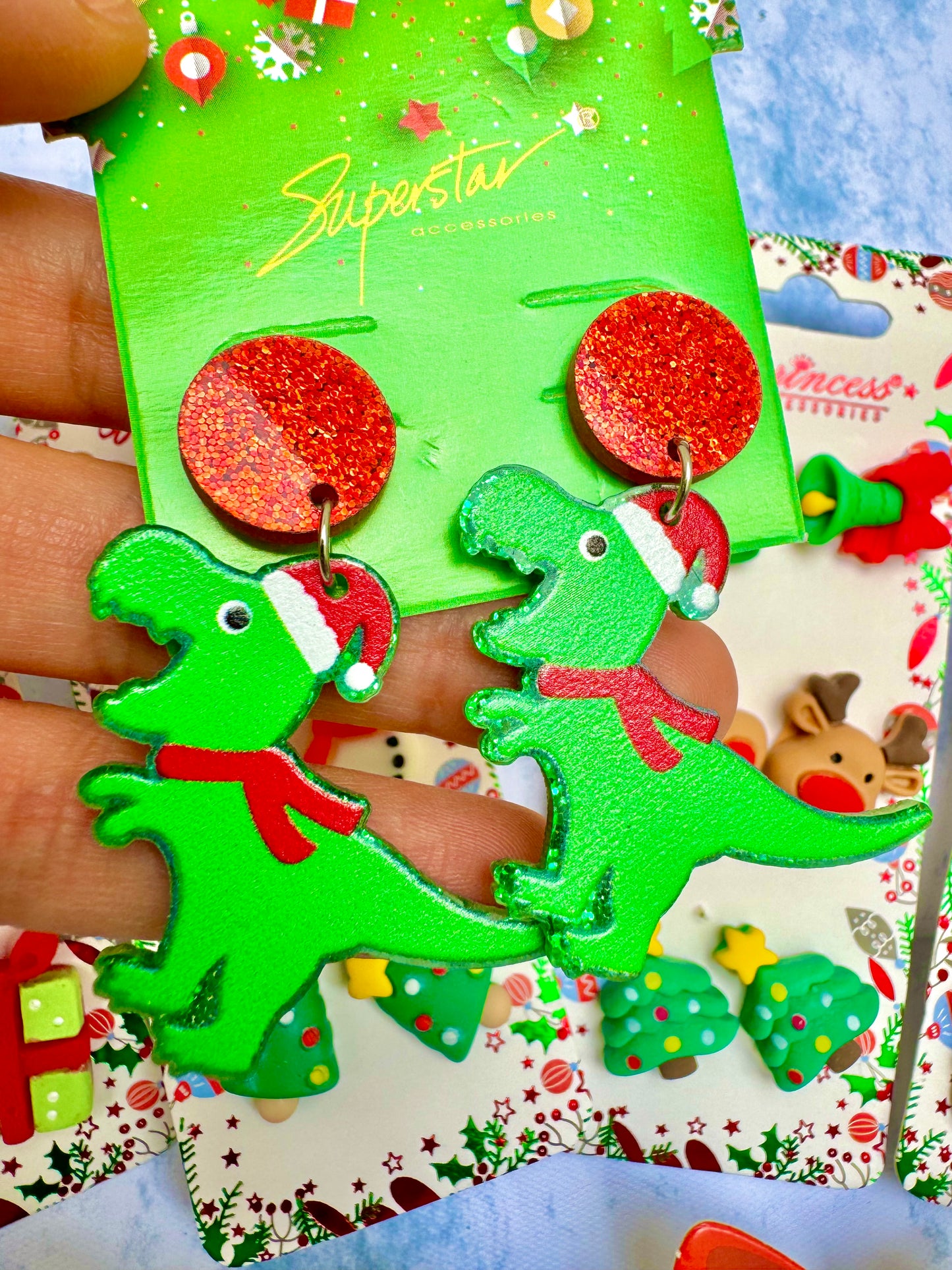 E1884D Aretes Navidad dinosaurio acrílico ligeros 5cm