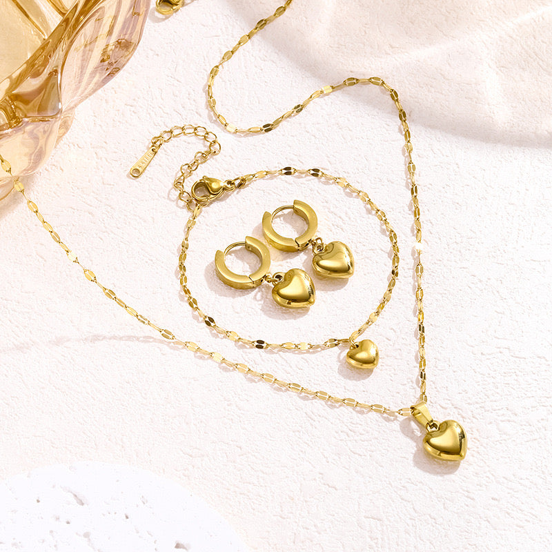C385 Conjunto aretes collar pulsera corazones acero inoxidable largo 24cm 1.5cm dije aretes 3cm