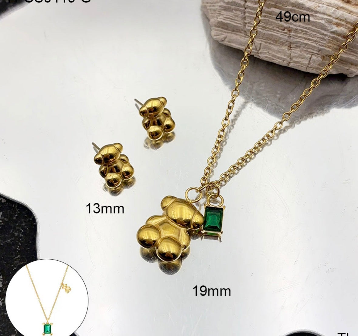 C1199 conjunto de collar aretes oso cristal verde acero inoxidable