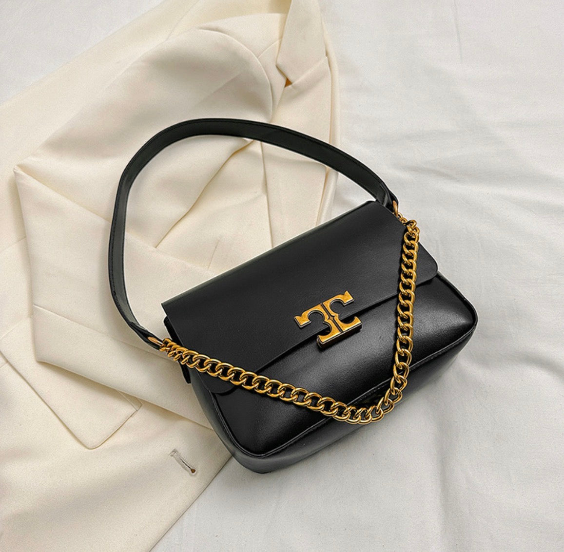 Cr59 Bolso de mano negro elegante cuero sintético