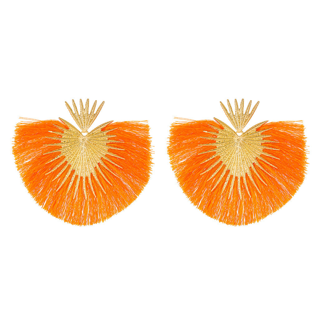 E7098N Aretes pico dorado y flecos naranjas en forma de abanico aleacion 9cm