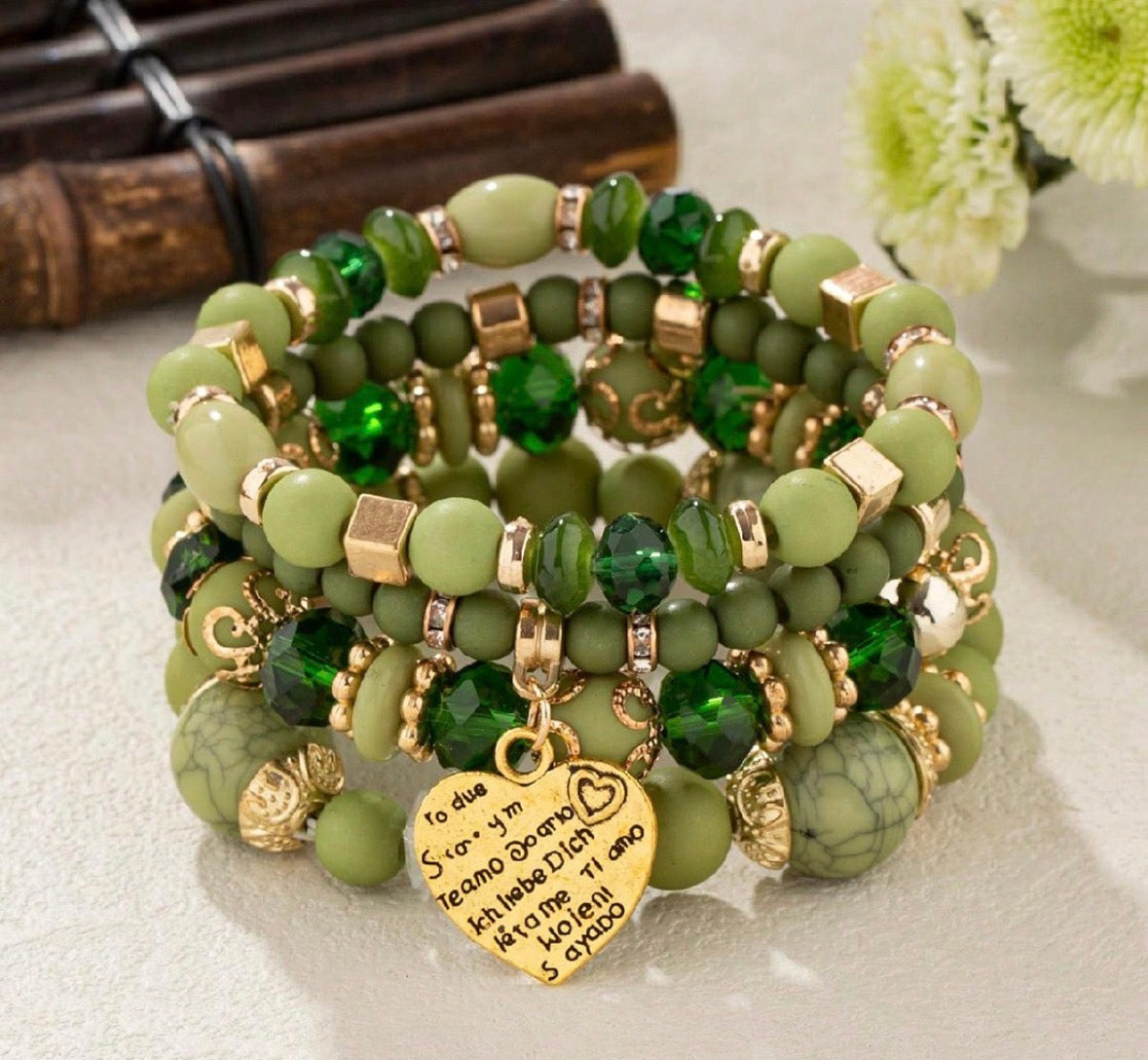 B675 Conjunto de pulsera verde cuencas elastica