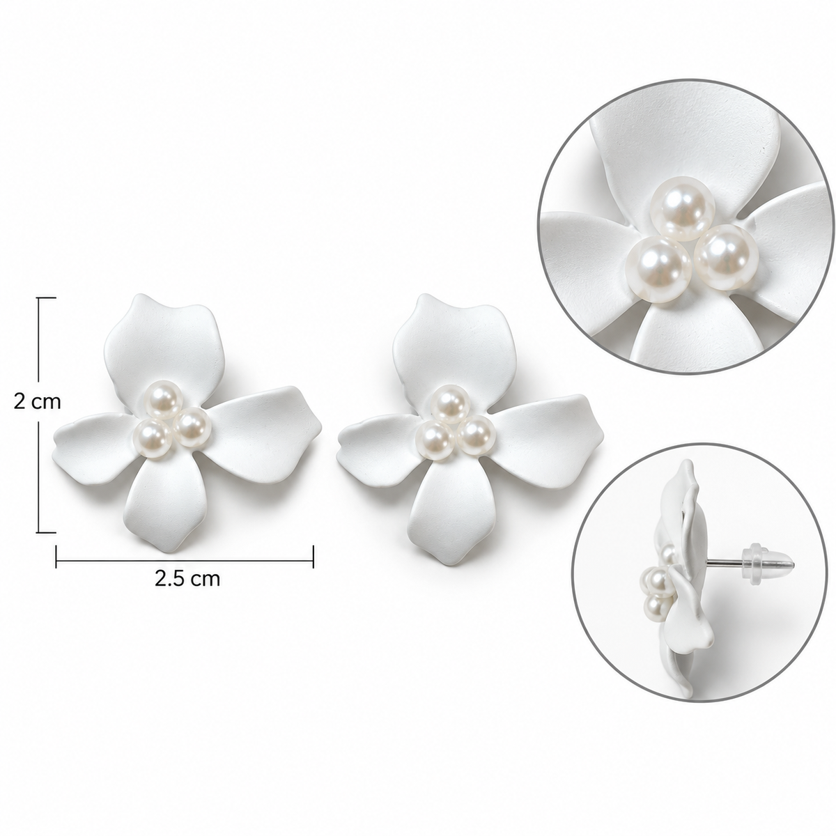 E7470 Aretes flor blanca con perla en el centro de aleacion