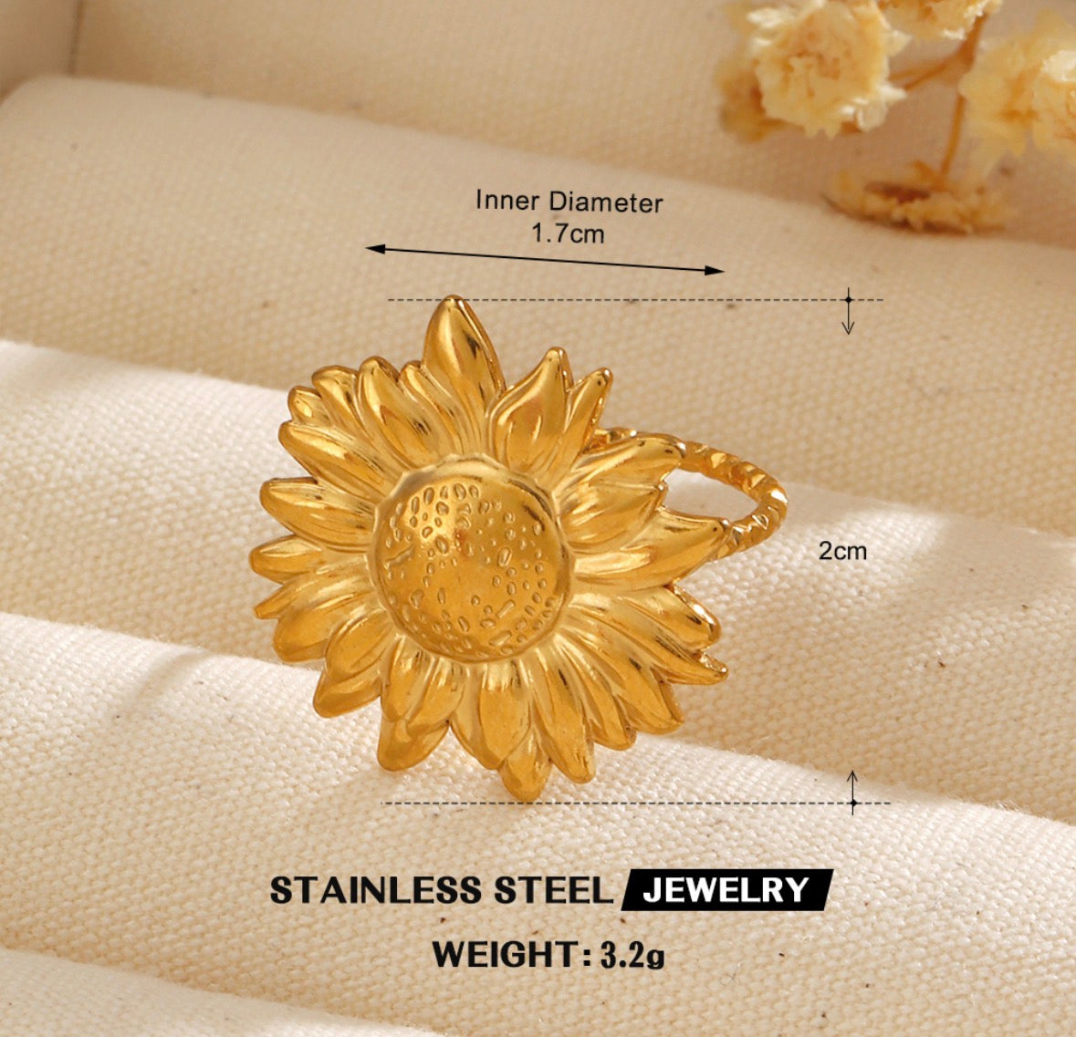 A240 Anillo girasol dorado acero inoxidable chapado en oro de 18k