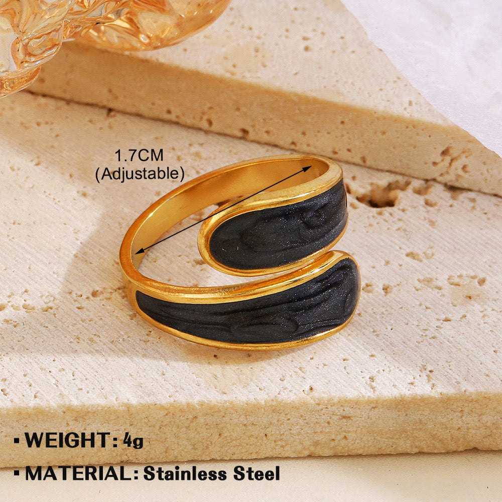 AC187 Anillo abierto negro acero inoxidable chapado en oro de 18k