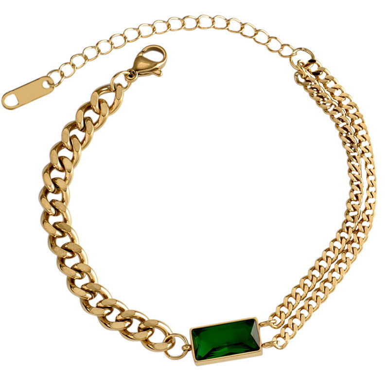 B552 pulsera dorada cristal verde acero inoxidable 20cm