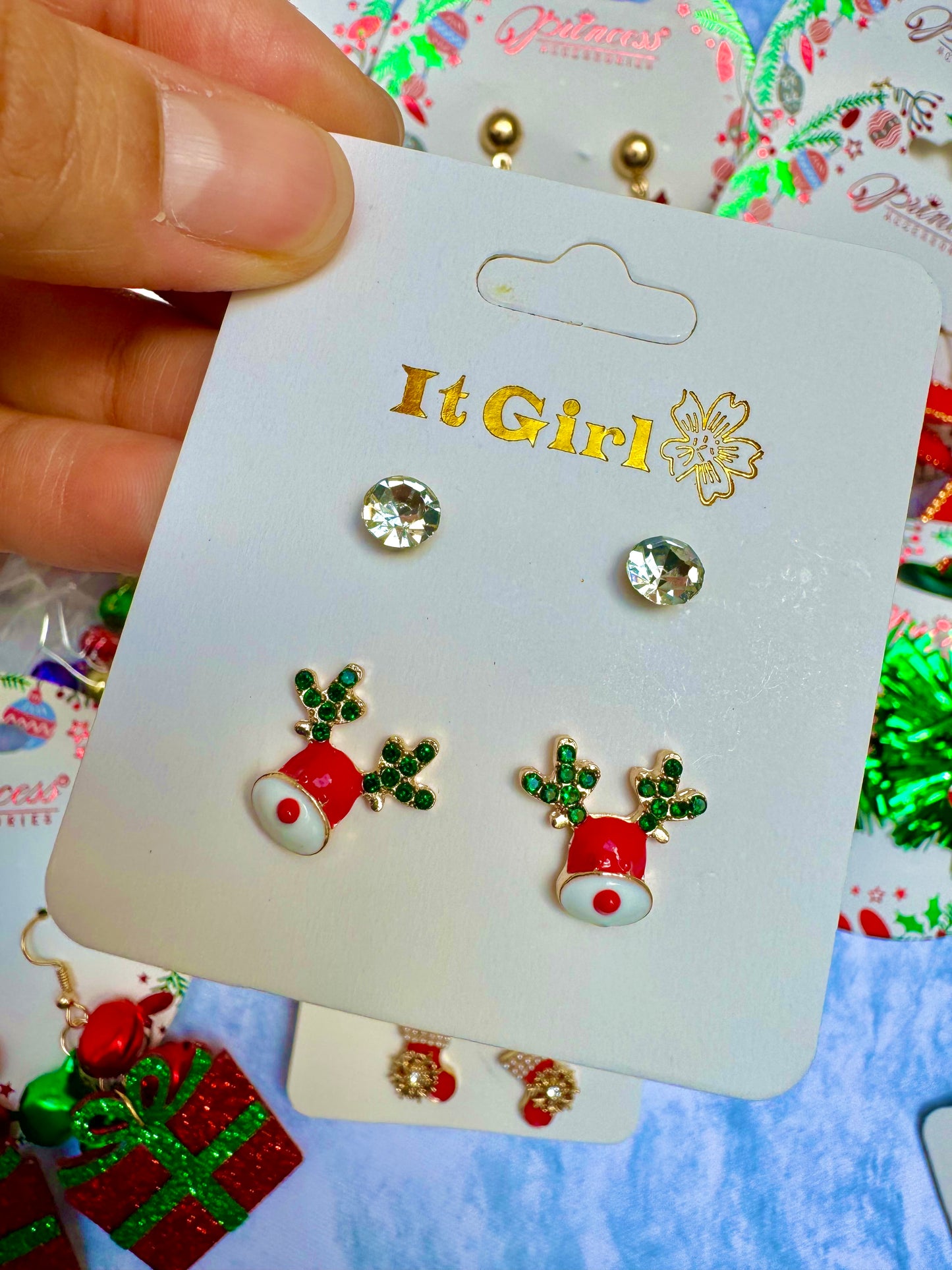 E1871R paquete 2 pares aretes navideños zirconia 1cm