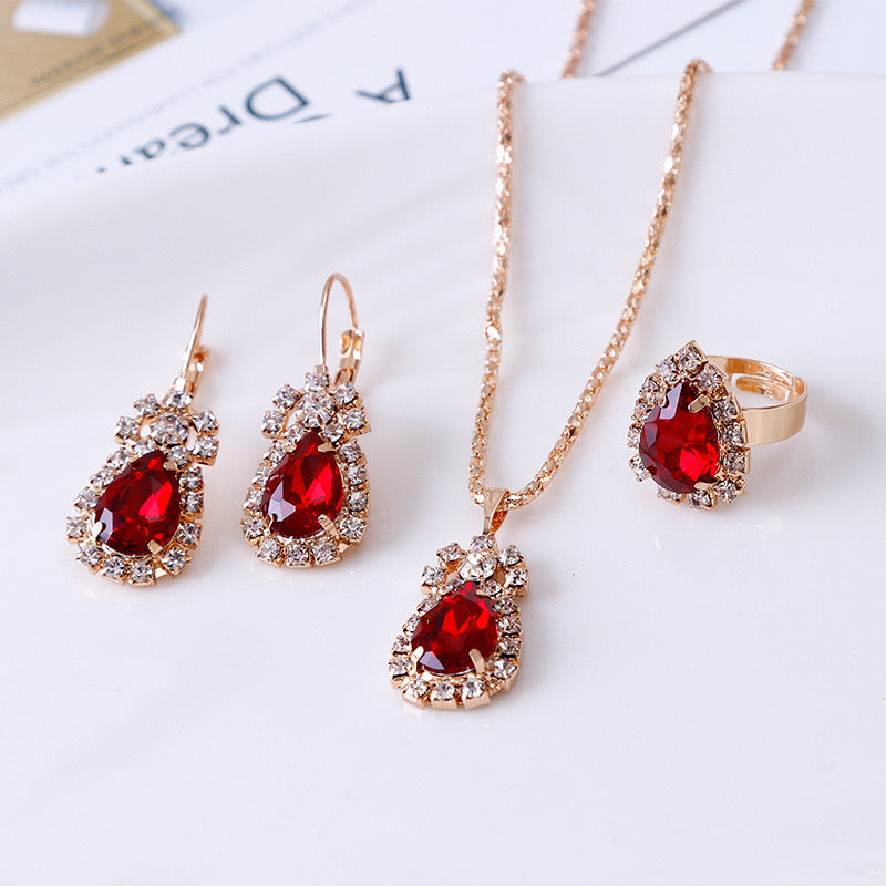 C1599 Conjunto de collar aretes y anillo gota elegante roja aleacion 24cm largo 1.5dije