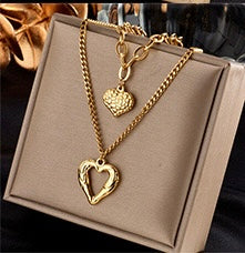 C428 Collar doble corazon acero de titanio largo 24cm dije 2cm