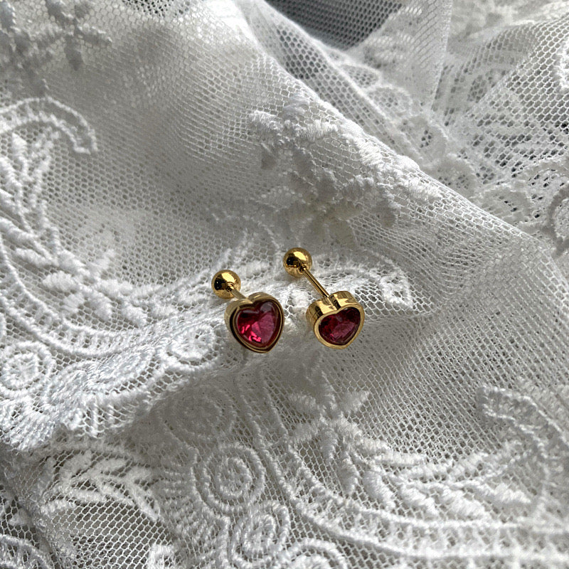 E5021 broqueles corazón dorado cristal rojo acero titanio 1cm