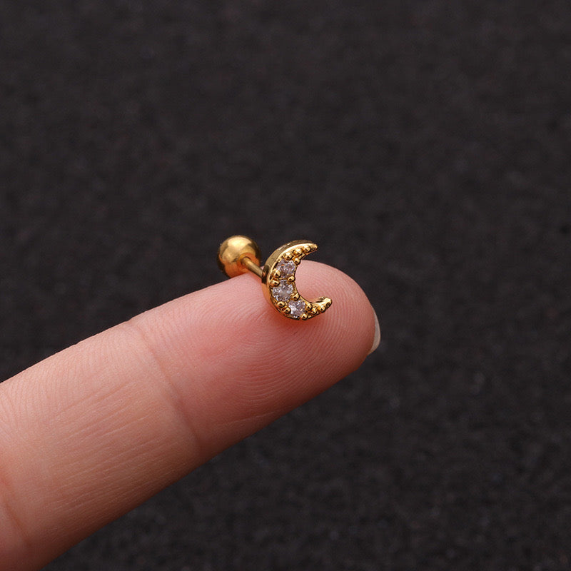 E2024 Broquel 1 pieza dorado luna acero inoxidable zirconia 0.6cm