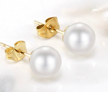 E3390 Aretes perla acero inoxidable chapado en oro de 18k .5cm