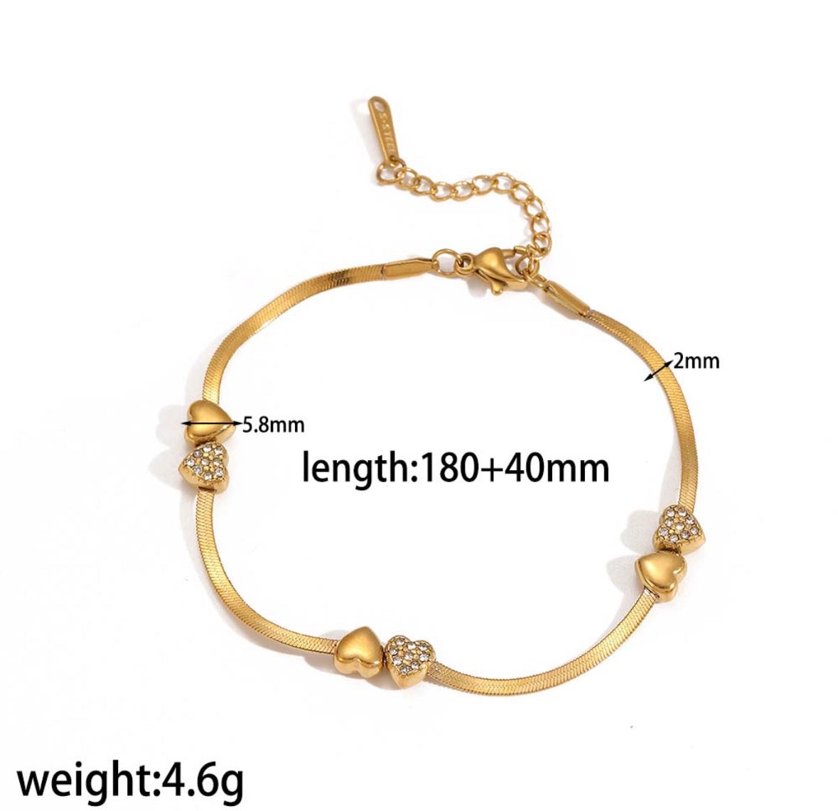 B700 Pulsera dorada corazones brillantes de acero inoxidable chapada en oro