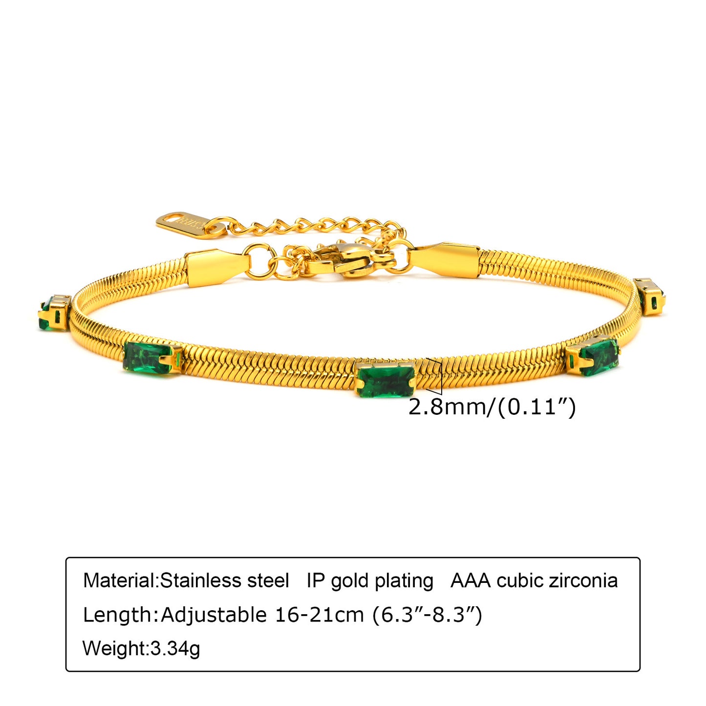 B656 Pulsera dorada cristales verdes 19cm acero inoxidable