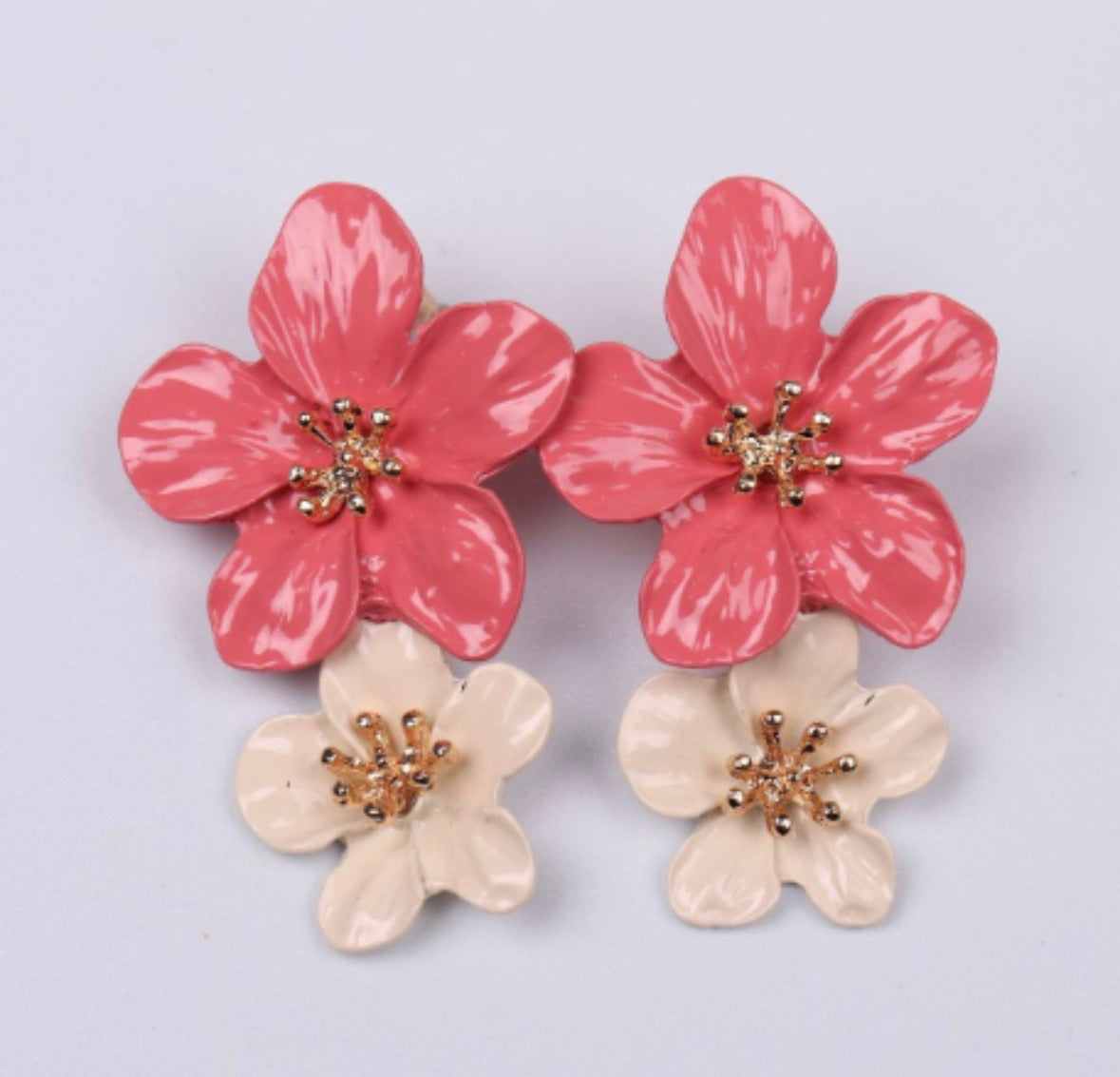 E5286 Aretes flor bicolor rosa con beige 4cm