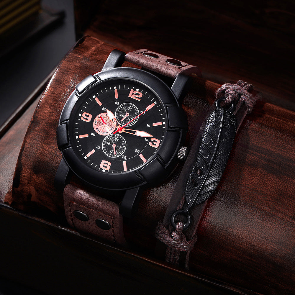 R123 Reloj pulsera caballero marron correa cuero sintetico