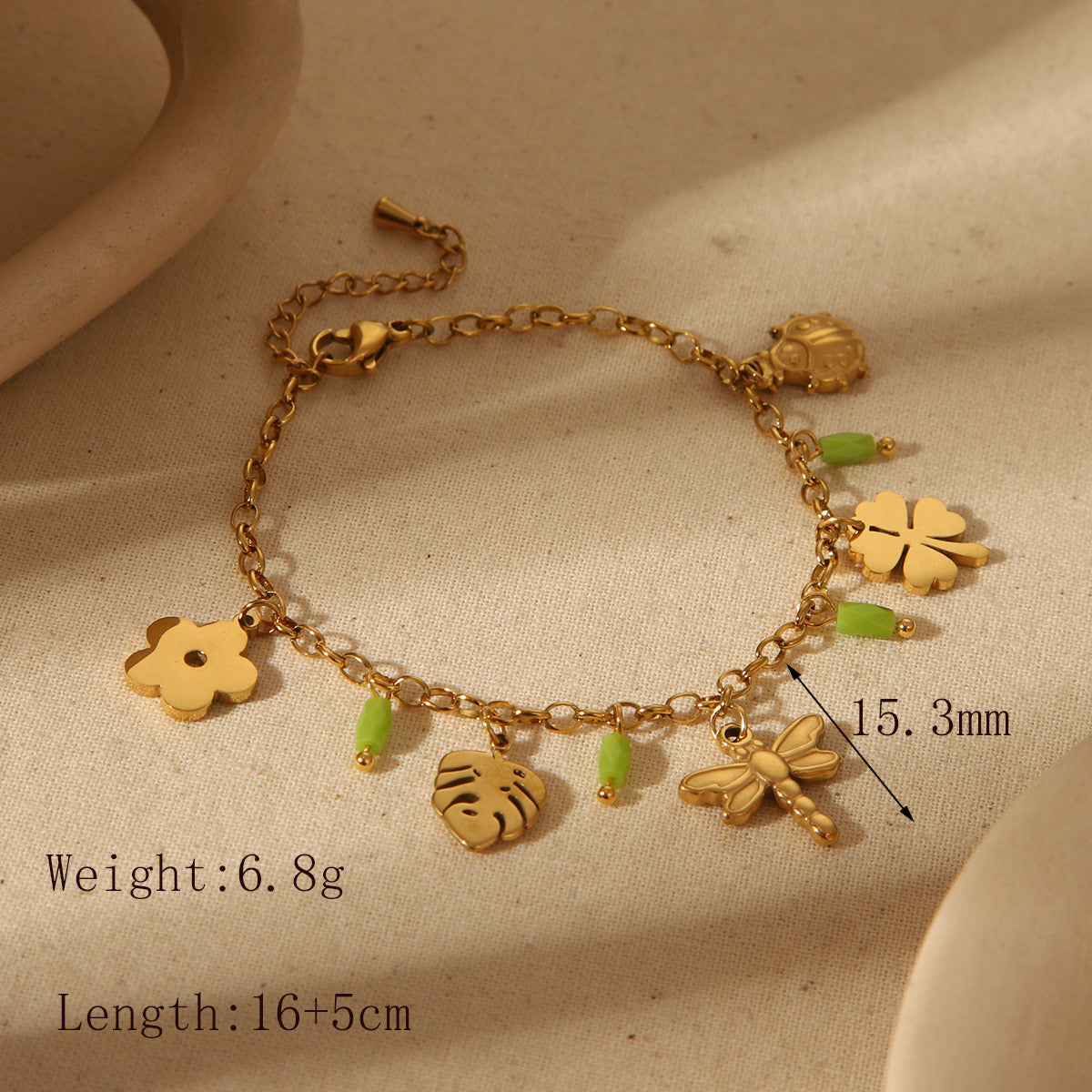 B282 Pulsera trebol libélula acero inoxidable chapado en oro 18k 20cm dije 1.5cm