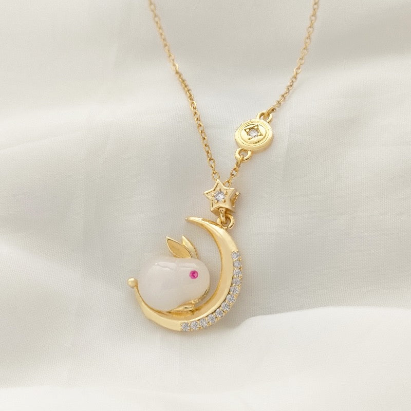 C1002 Collar conejo luna acero titanio 21cm,3cm dije