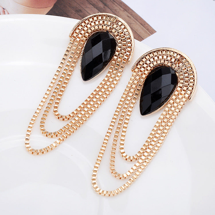 E7097 aretes dorados elegantes gota negra aleacion 8cm