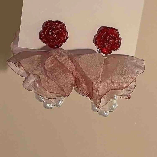 Aretes E486 Grande Rosa Tela Gasa Perlas